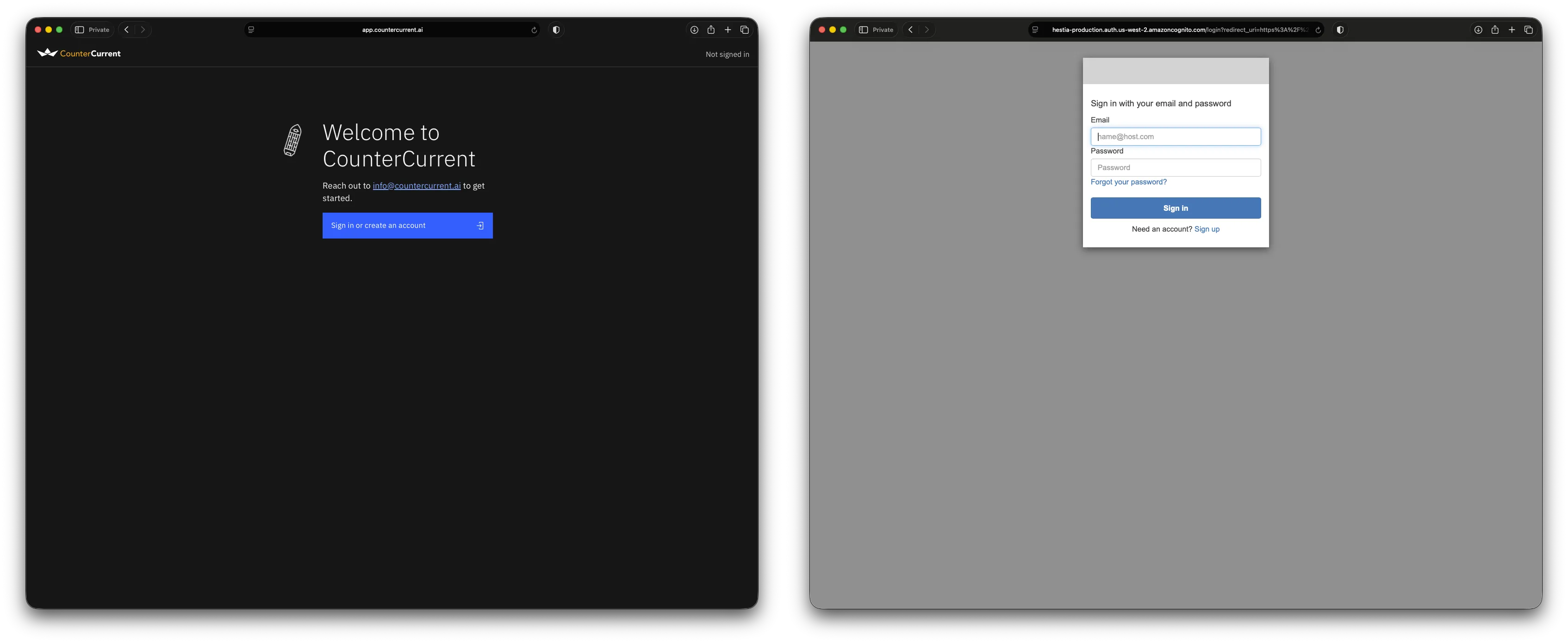 Sign-in screen at app.countercurrent.ai